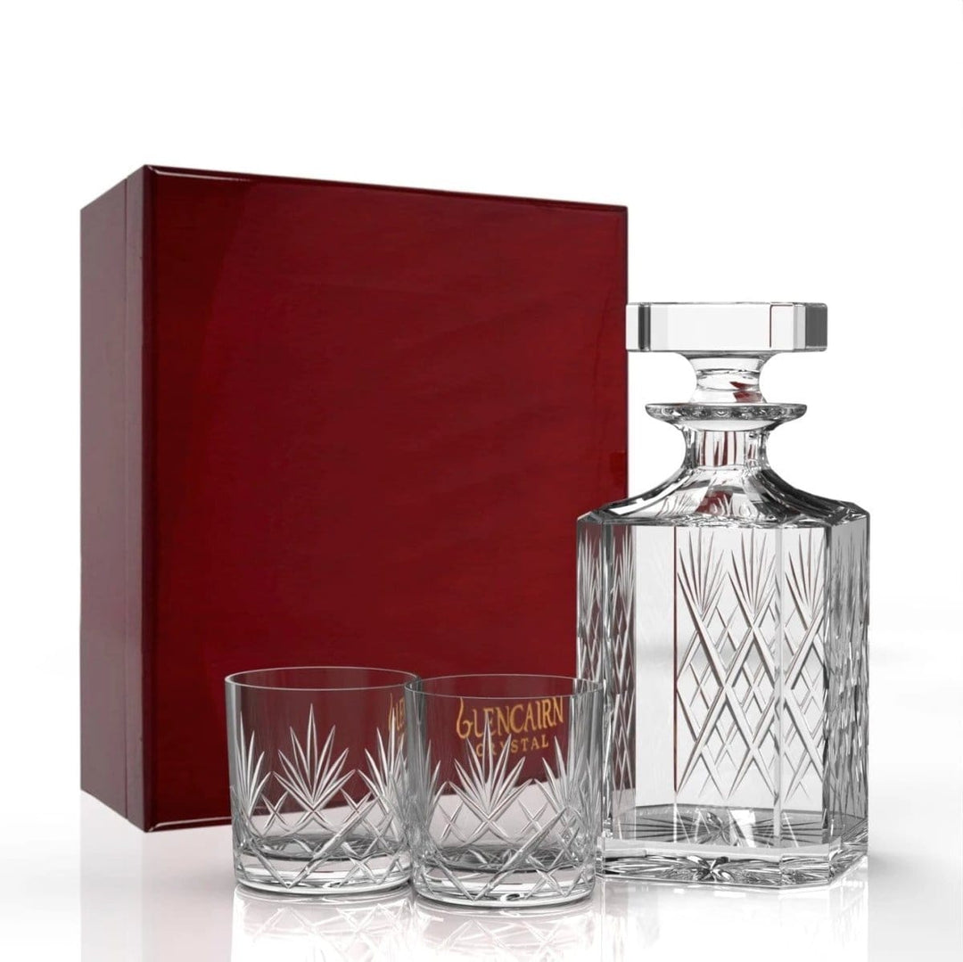Geschenkset Skye mit Karaffe und 2 Skye-Whiskygläsern in Holz-Präsentationsbox – Bleikristall – Glencairn Crystal Scotland