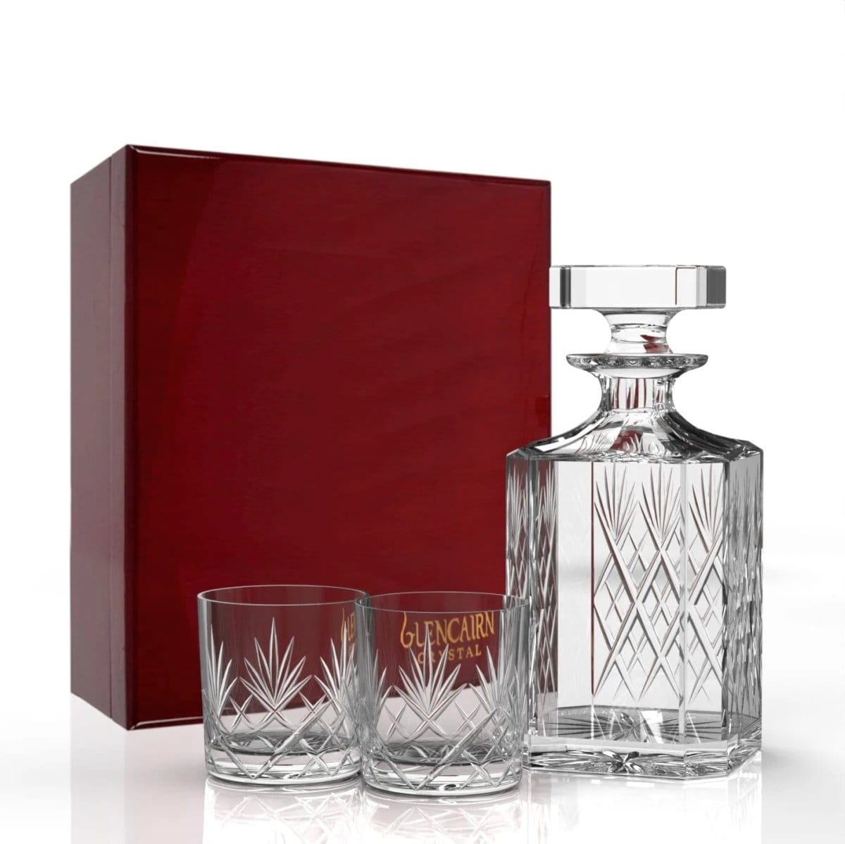 Geschenkset Skye met karaf en 2 Skye-whiskyglazen in houten presentatiebox – Loodkristal – Glencairn Crystal Scotland