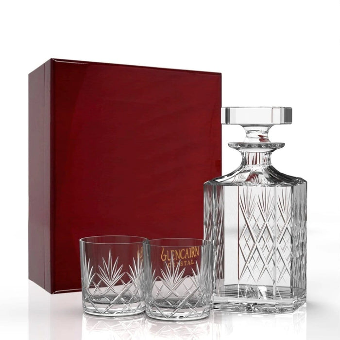 Geschenkset Skye met karaf en 2 Skye-whiskyglazen in houten presentatiebox – Loodkristal – Glencairn Crystal Scotland