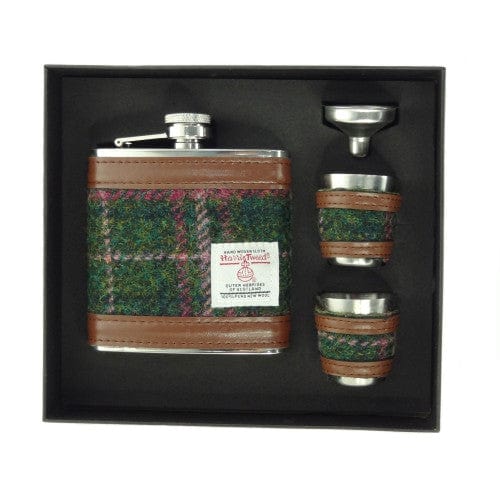 Glen Appin – Hip Flask – Harris Tweed – Green and Plum – Set - Mood4whisky