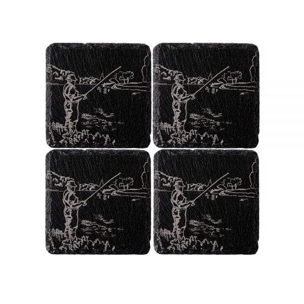 Just Slate Company – Coasters – Natural Slate – Fishing Design – Set of 4 - Mood4whisky