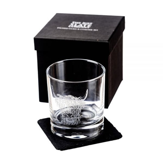 Just Slate Company – Whisky Tumbler Set – Engraved Highland Cow – Gift Set - Mood4whisky
