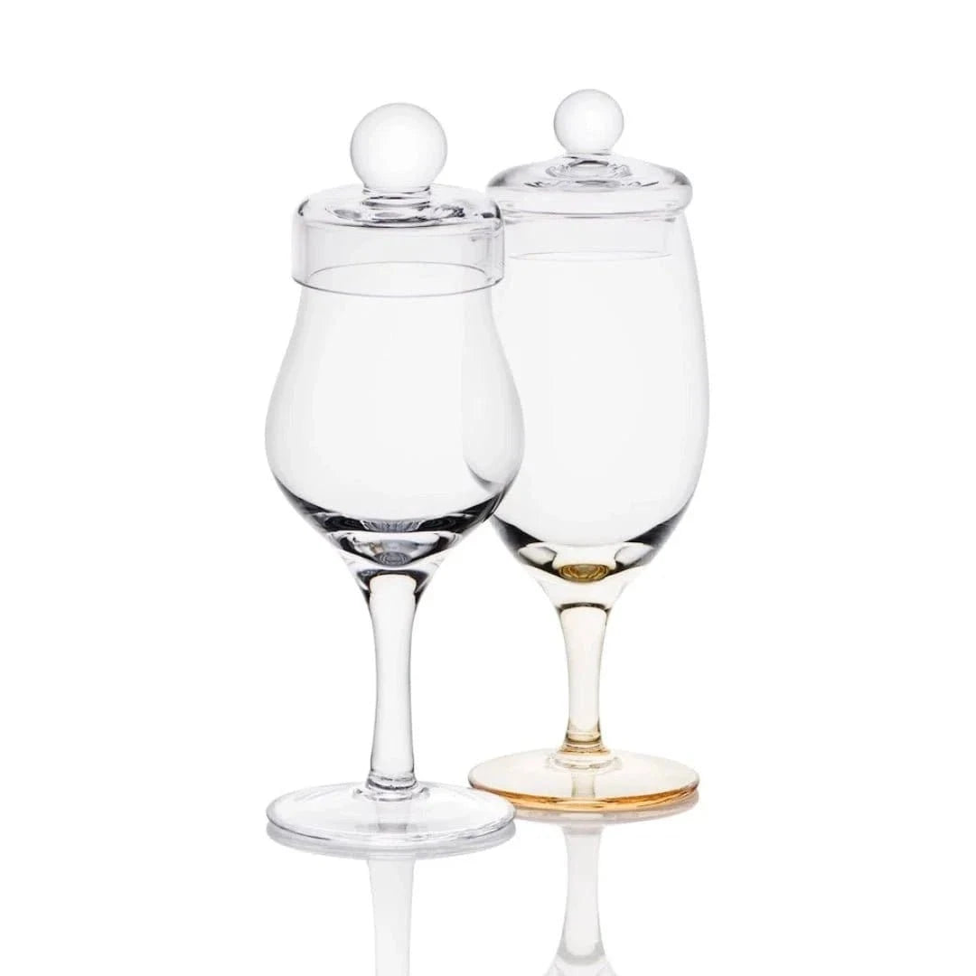 Amber Tasting Box – 2 handgemaakte whiskyglazen met deksels – Amber Glass
