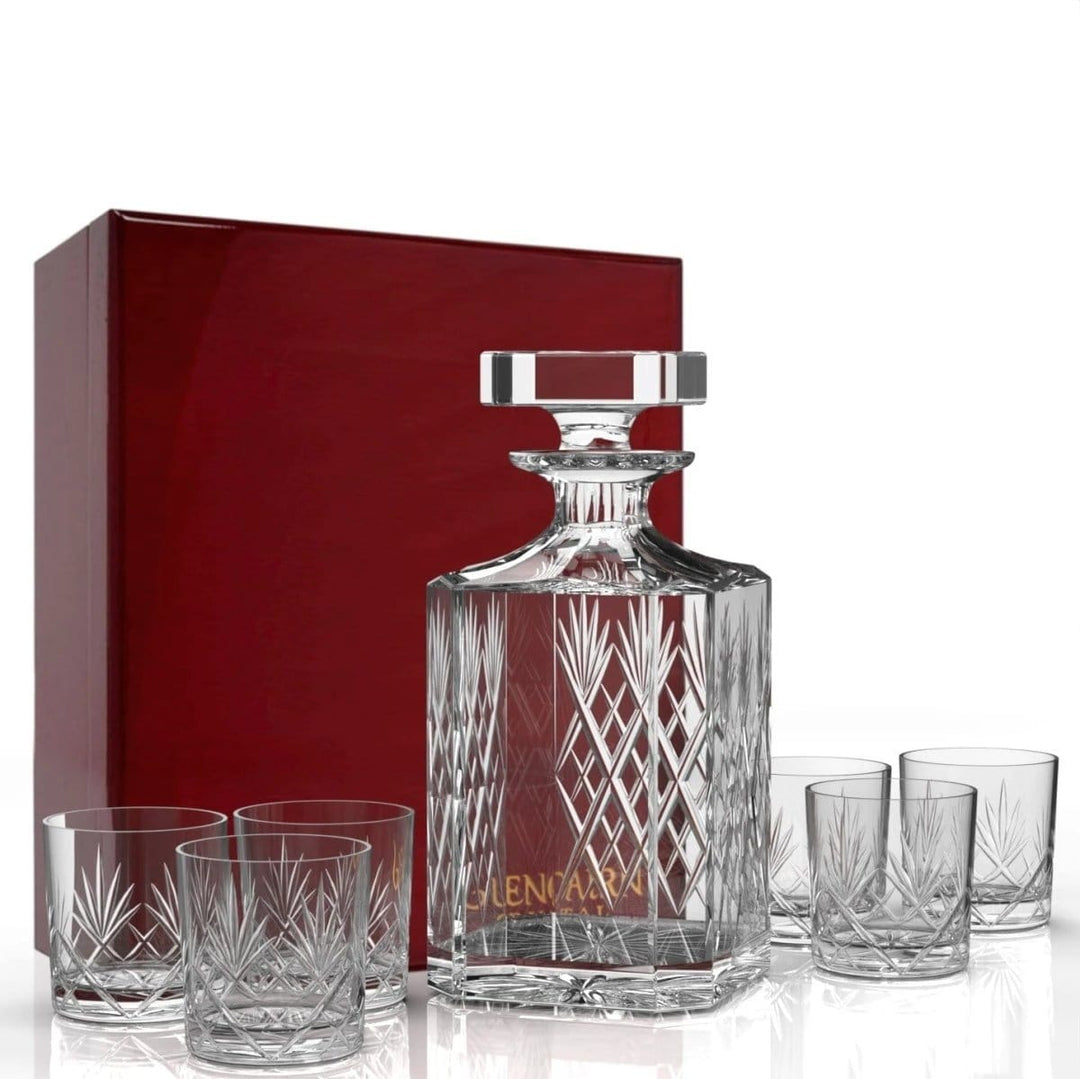 Geschenkset Skye mit Karaffe und 6 Skye-Whiskygläsern in Holz-Präsentationsbox – Bleikristall – Glencairn Crystal Scotland