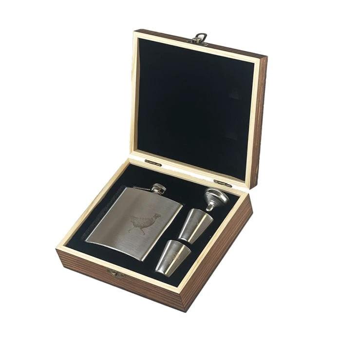 Flachmann Fasan – Luxus-Set – Edelstahl – Graviert – Selbraehouse Scotland