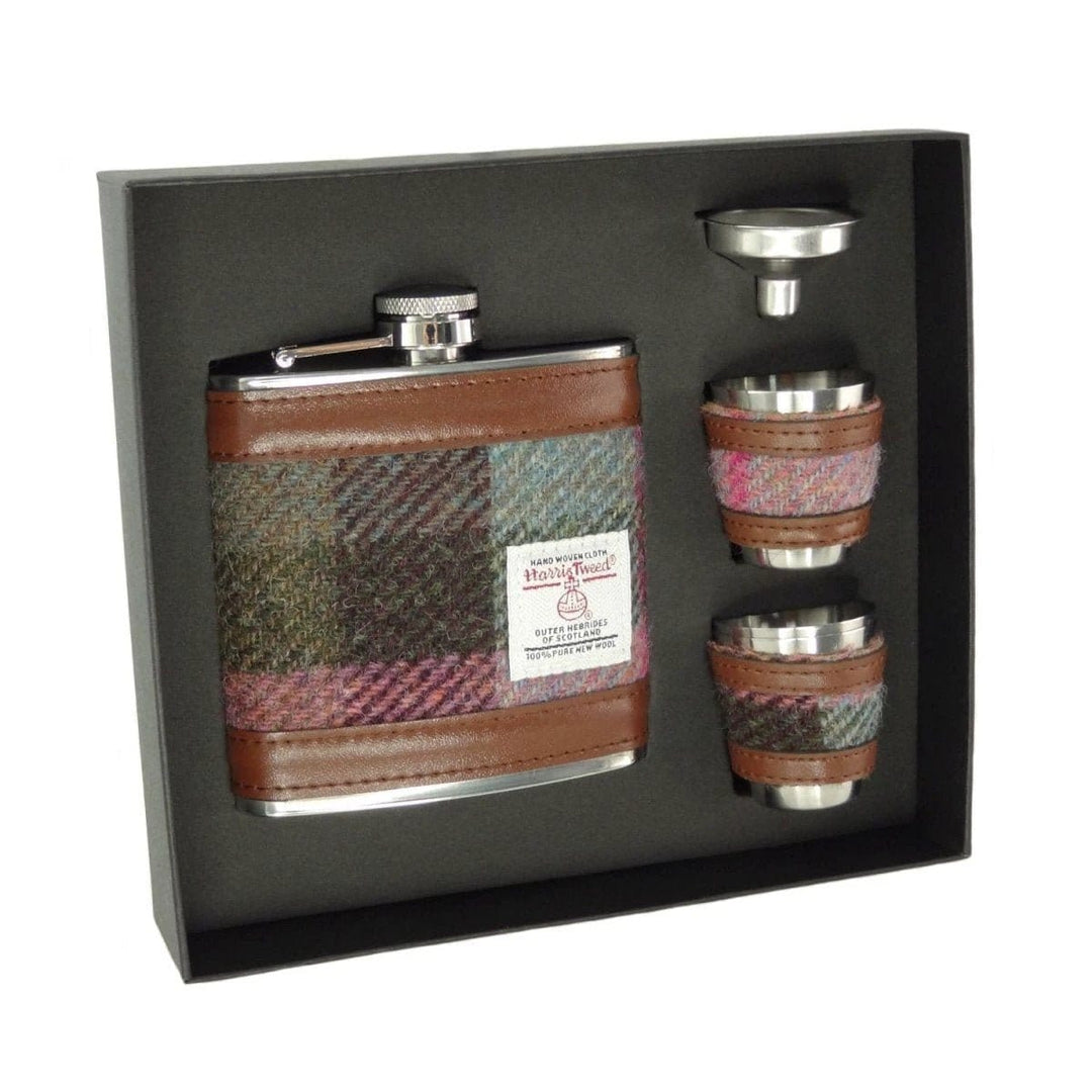 Flachmann Gedämpftes Grün & Lila – Luxus-Set – Harris Tweed – Glen Appin of Scotland