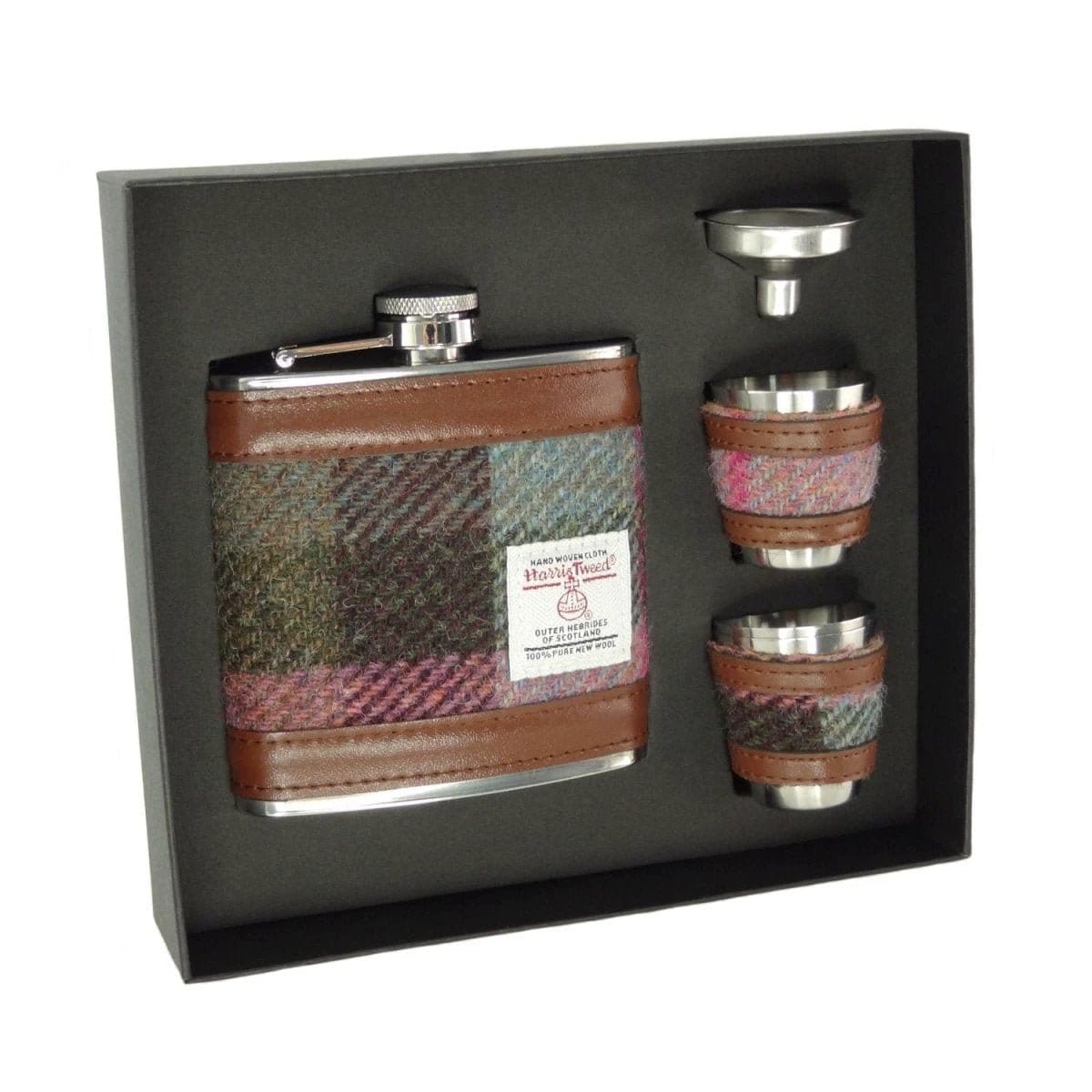 Flasque vert & violet sourds – Coffret luxe – Harris Tweed – Glen Appin of Scotland