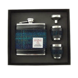 Flachmann Tartan Blau mit Türkis – Luxus-Set – Harris Tweed – Glen Appin of Scotland