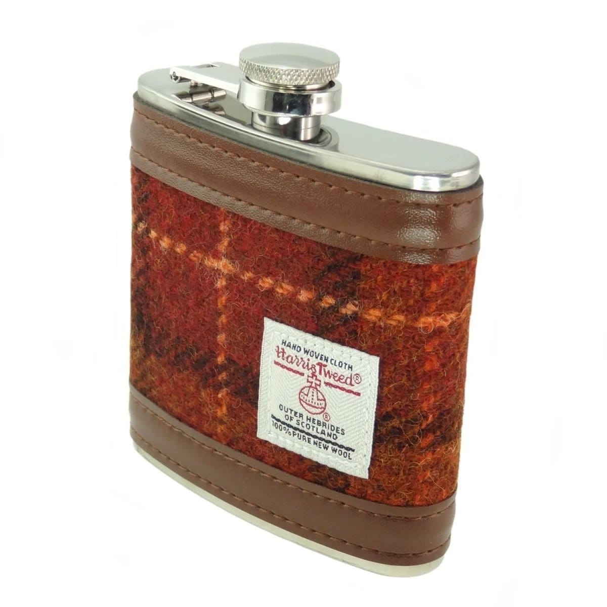 Hip Flask Tartan Brown with Orange Check – Harris Tweed – Glen Appin of Scotland