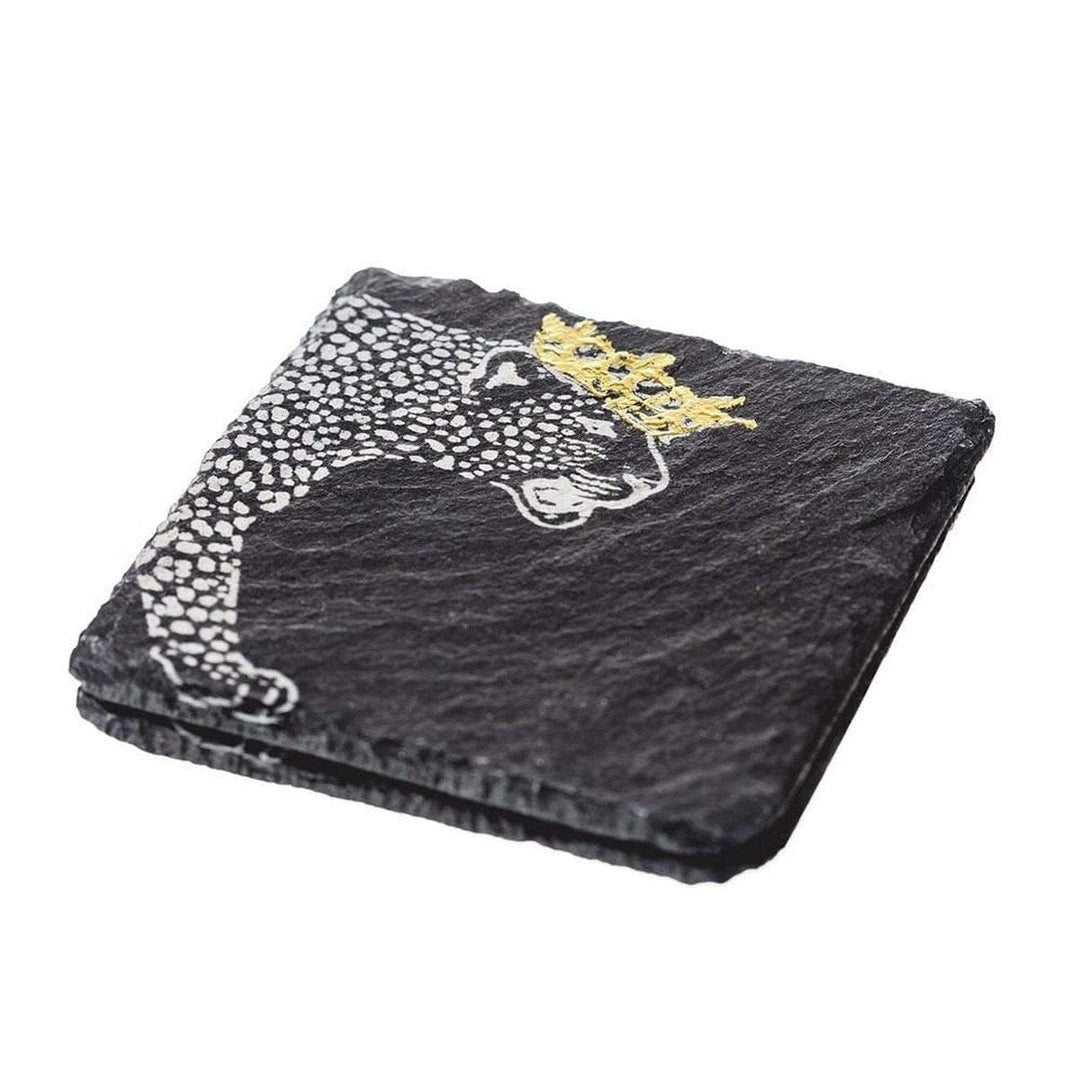 Untersetzer Leopard mit goldener Krone – Graviert – Schiefer – Just Slate Company Scotland