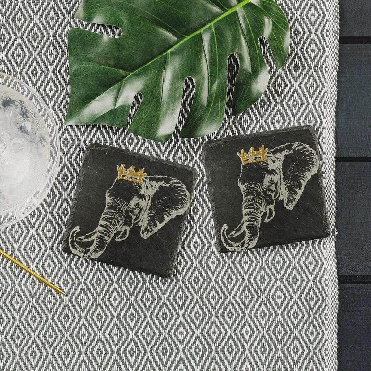 Onderzetters Olifant met gouden kroon – Gegraveerd – Leisteen – Just Slate Company Scotland – afbeelding 2