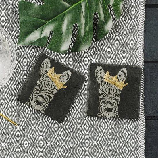 Onderzetters Zebra met gouden kroon – Gegraveerd – Leisteen – Just Slate Company Scotland – afbeelding 2