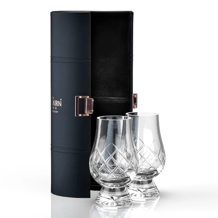Reiseset mit 2 Cut-Whiskygläsern – Lederhalter – Bleikristall – Glencairn Crystal Scotland