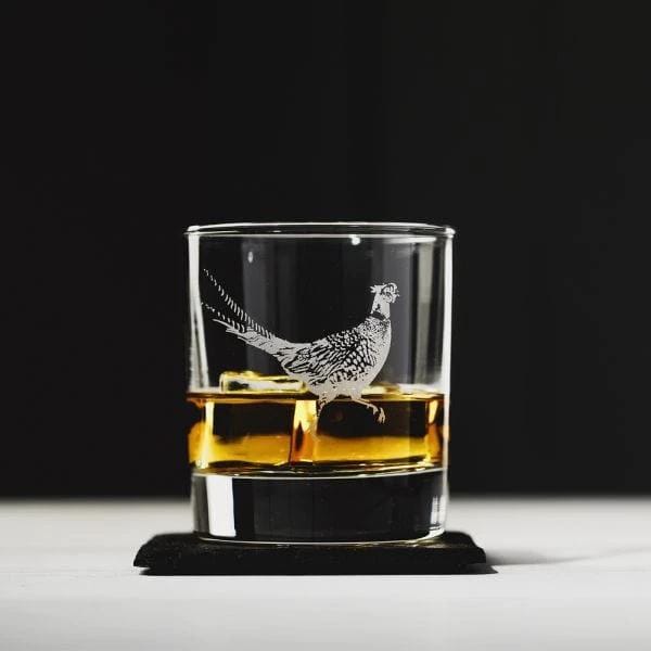 Whisky glass engraved with pheasant and slate coaster – Just Slate Company Scotland