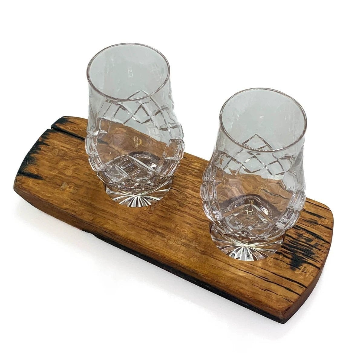 Whiskyglashouder van oude whiskyvaten met 2 Glencairn Cut-whiskyglazen – Darach en Glencairn Crystal Scotland