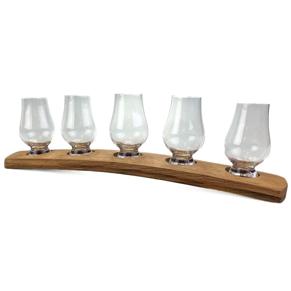 Porte-verres en bois de vieux fûts de whisky avec 5 verres à whisky Glencairn – Darach et Glencairn Crystal Scotland