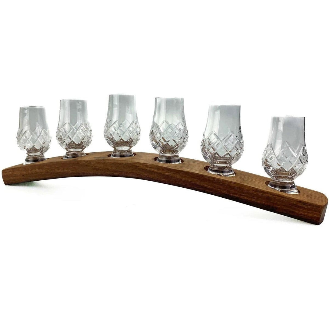 Whiskyglashalter aus alten Whiskyfässern mit 6 Glencairn Cut-Whiskygläsern – Darach und Glencairn Crystal Scotland