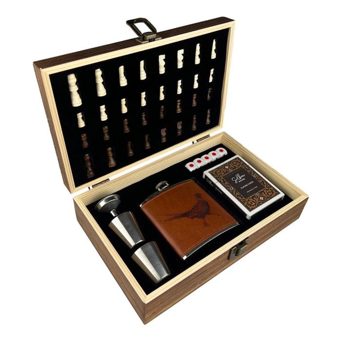 Pheasant – Engraved Hip Flask Game Set – Leather – Game Night - Mood4whisky