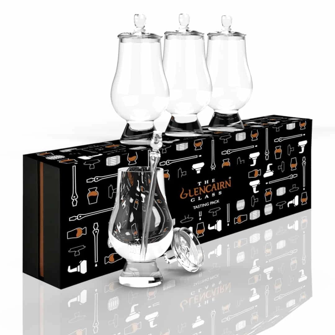 Set de dégustation avec 4 verres à whisky, 4 couvercles de dégustation et 1 pipette – Emballage cadeau – Glencairn Crystal Écosse
