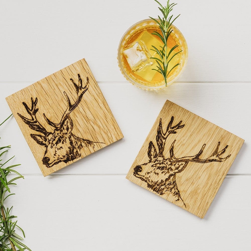 Scottish Crafts – Coasters – Stag Design – Scottish Oak – Set of 2 - Mood4whisky