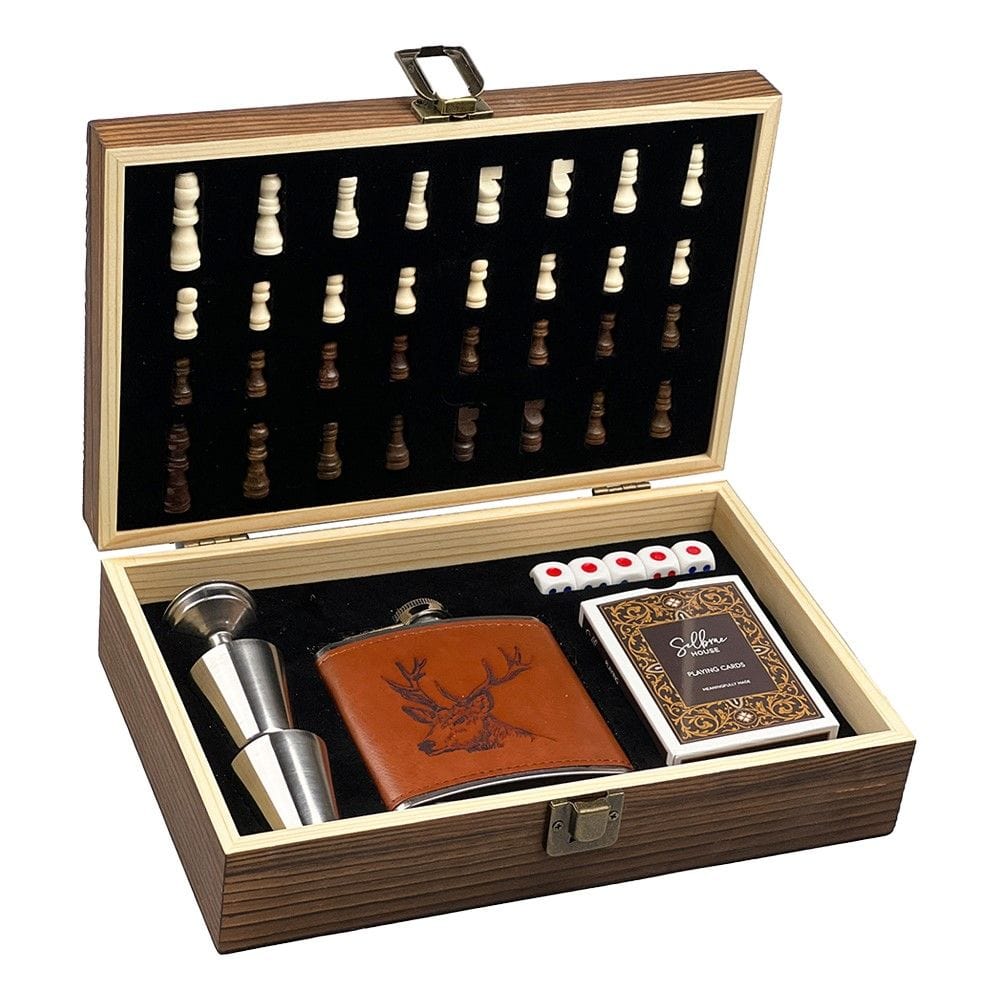 Stag – Hip Flask Game Set – Leather and Steel – Engraved Lid - Mood4whisky
