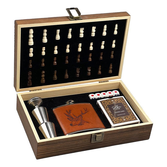 Stag – Hip Flask Game Set – Leather and Steel – Engraved Lid - Mood4whisky